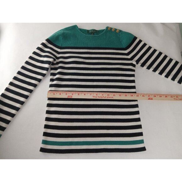 Lauren Ralph Lauren Rib Knit Sweater Womens Large Green Black Stripe Gold Button - Picture 5 of 9